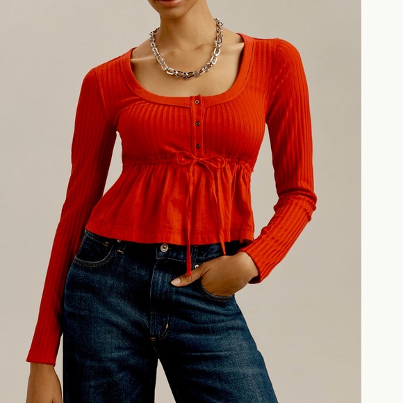 Anthropologie Tops - Anthropologie Ribbed Long Sleeve Shirt Pilcro Scoop Neck Cropped New XS Red